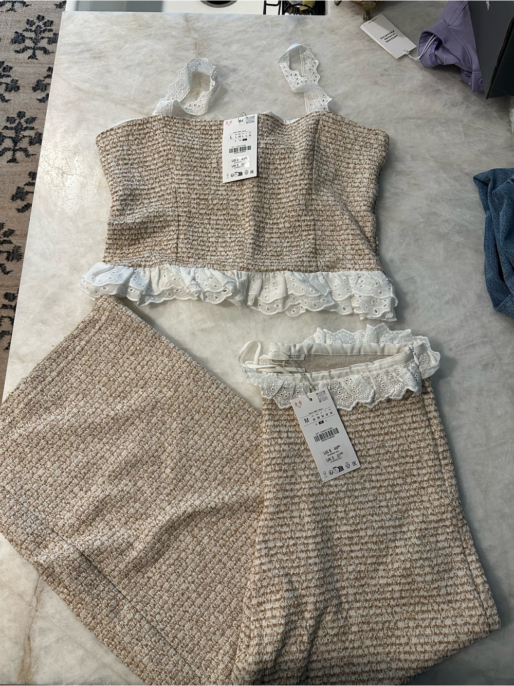 ZARA Women’s Beige Tweed Two-Piece Set with Eyelet Trim - Picture 2 of 3